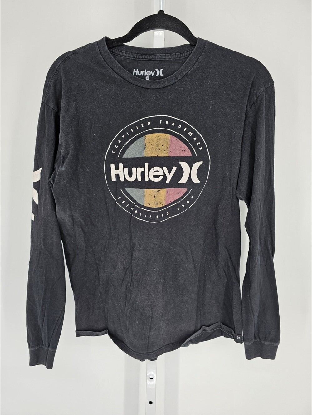 Hurley Mens Sz L Long Sleeve Crew Neck T Shirt Black Graphic